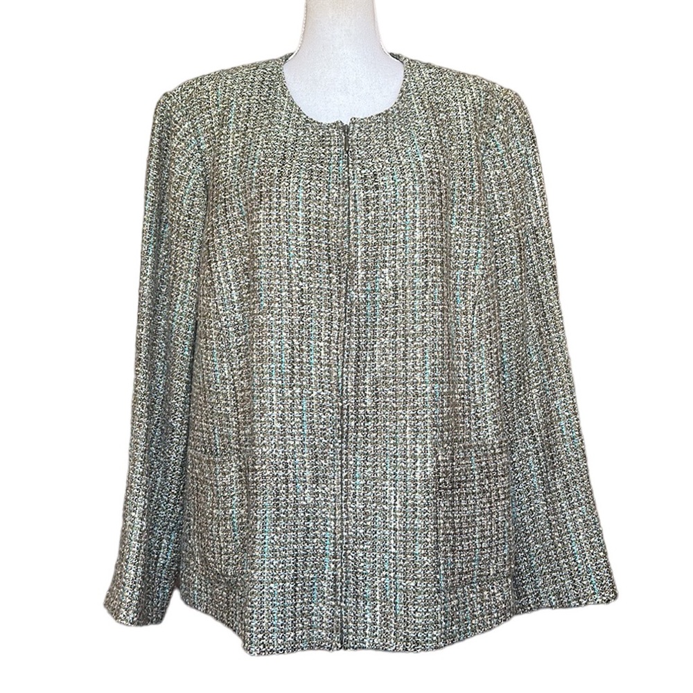 Emma James Liz Claiborne Green Tweed Bouclé Zip Up Blazer Jacket Size 24W